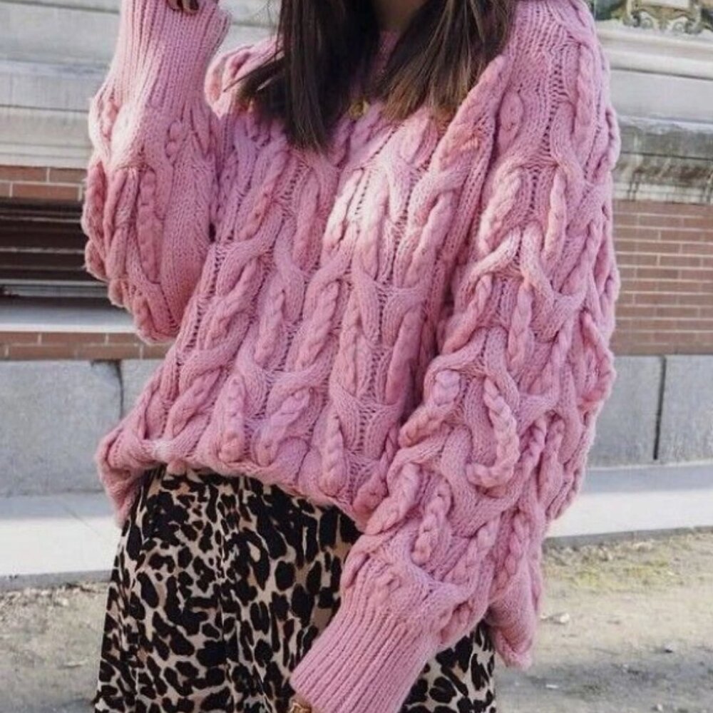 ZARA Pink Oversized Braided Cable Knit Chunky Sweater Jumper. M